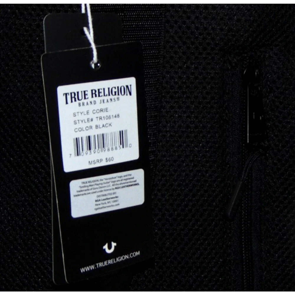 True Religion CORIE Sling Crossbody Bag Black Mesh Red Horseshoe Stitch Mens NWT